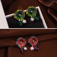 1 Pair Retro Flower Enamel Pearl Glass Copper 18K Gold Plated Drop Earrings main image 1