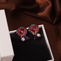 1 Pair Retro Flower Enamel Pearl Glass Copper 18K Gold Plated Drop Earrings main image 5
