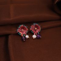 1 Pair Retro Flower Enamel Pearl Glass Copper 18K Gold Plated Drop Earrings main image 6