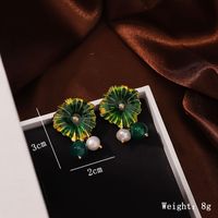 1 Pair Retro Flower Enamel Pearl Glass Copper 18K Gold Plated Drop Earrings sku image 2