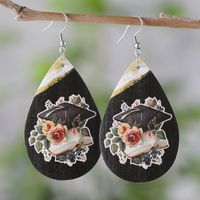 1 Pair Retro Doctoral Cap Flower Pu Leather Drop Earrings main image 3