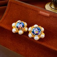 1 Pair Vintage Style Flower Imitation Pearl Alloy Glass Ear Studs main image 5