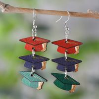 1 Pair Retro Doctoral Cap Wood Drop Earrings sku image 4