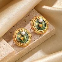 1 Pair Retro Pastoral Flower Inlay Copper Freshwater Pearl Turquoise Lapis Lazuli 18K Gold Plated Ear Studs main image 3