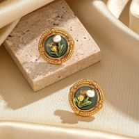 1 Pair Retro Pastoral Flower Inlay Copper Freshwater Pearl Turquoise Lapis Lazuli 18K Gold Plated Ear Studs main image 4