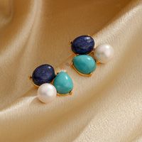 1 Pair Retro Pastoral Flower Inlay Copper Freshwater Pearl Turquoise Lapis Lazuli 18K Gold Plated Ear Studs main image 5