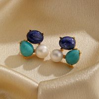 1 Pair Retro Pastoral Flower Inlay Copper Freshwater Pearl Turquoise Lapis Lazuli 18K Gold Plated Ear Studs main image 6