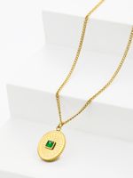 Stainless Steel 18K Gold Plated Retro Inlay Sun Oval Natural Stone Zircon Pendant Necklace sku image 1