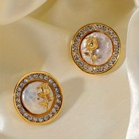1 Pair Elegant Retro Round Rose Inlay Copper Rhinestones Freshwater Pearl 18K Gold Plated Ear Studs main image 5