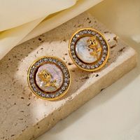 1 Pair Elegant Retro Round Rose Inlay Copper Rhinestones Freshwater Pearl 18K Gold Plated Ear Studs main image 6