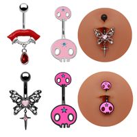 1 Piece Belly Rings Hip-Hop Exaggerated Rock Lips Butterfly Skull Stainless Steel Alloy Epoxy Hollow Out Inlay Rhinestones White Gold Plated main image 1