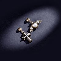 1 Pair Retro Cross Heart Shape Wings Asymmetrical Plating Inlay Alloy Artificial Pearls Zircon Drop Earrings main image 4