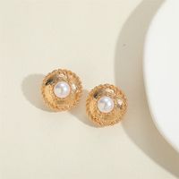 1 Pair Vintage Style Simple Style Commute Geometric Round Inlay Copper Turquoise Pearl 14K Gold Plated Ear Studs sku image 1