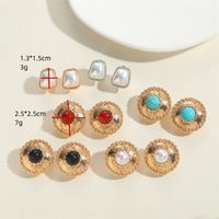 1 Pair Vintage Style Simple Style Commute Geometric Round Inlay Copper Turquoise Pearl 14K Gold Plated Ear Studs main image 2