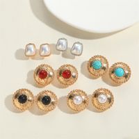 1 Pair Vintage Style Simple Style Commute Geometric Round Inlay Copper Turquoise Pearl 14K Gold Plated Ear Studs main image 4