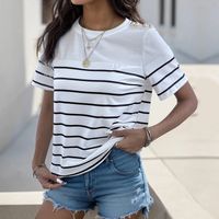 Women's T-shirt Short Sleeve T-Shirts Stripe Rib-Knit Vacation Stripe main image 2