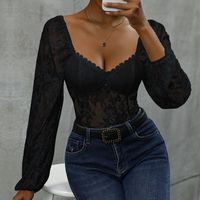 Women's Bodysuits Bodysuits Rib-Knit Lace Simple Style Solid Color main image 3