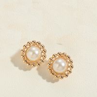 1 Pair Vintage Style Simple Style Commute Round Inlay Copper Natural Stone Pearl 14K Gold Plated Ear Studs main image 6