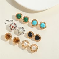 1 Pair Vintage Style Simple Style Commute Round Inlay Copper Natural Stone Pearl 14K Gold Plated Ear Studs main image 2