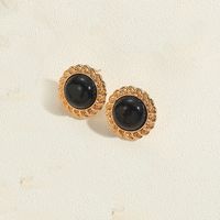 1 Pair Vintage Style Simple Style Commute Round Inlay Copper Natural Stone Pearl 14K Gold Plated Ear Studs sku image 1