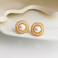 1 Pair IG Style Simple Style Round Inlay Alloy Pearl K Gold Plated Ear Studs main image 1