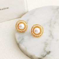1 Pair IG Style Simple Style Round Inlay Alloy Pearl K Gold Plated Ear Studs main image 3