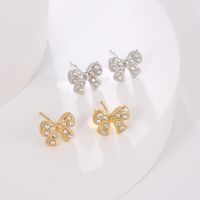 1 Pair IG Style Simple Style Heart Shape Owl Bow Knot Inlay Stainless Steel Rhinestones 18K Gold Plated Ear Studs main image 5