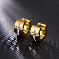 1 Pair Hip-Hop Rock Cross Round Inlay 316 Stainless Steel  Titanium Steel Zircon Earrings main image 1