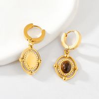 1 Pair Vintage Style Beach Oval Plating Inlay 304 Stainless Steel Tiger Eye 18K Gold Plated Drop Earrings main image 4