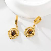 1 Pair Vintage Style Beach Oval Plating Inlay 304 Stainless Steel Tiger Eye 18K Gold Plated Drop Earrings main image 3