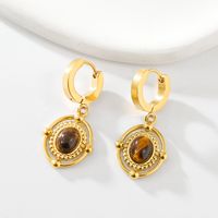 1 Pair Vintage Style Beach Oval Plating Inlay 304 Stainless Steel Tiger Eye 18K Gold Plated Drop Earrings main image 1