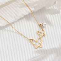 304 Stainless Steel Imitation Pearl 14K Gold Plated Sweet Simple Style Hollow Out Butterfly Pendant Necklace main image 6
