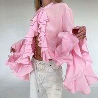 Femmes Chemisière Manche Longue Blouses Froufrous Sexy Couleur Unie main image 6