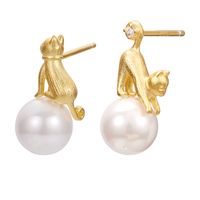 1 Pair Elegant Cute Luxurious Cat Polishing Plating Inlay Sterling Silver Artificial Pearls 18K Gold Plated White Gold Plated Ear Studs main image 8