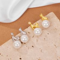 1 Pair Elegant Cute Luxurious Cat Polishing Plating Inlay Sterling Silver Artificial Pearls 18K Gold Plated White Gold Plated Ear Studs main image 7