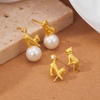 1 Pair Elegant Cute Luxurious Cat Polishing Plating Inlay Sterling Silver Artificial Pearls 18K Gold Plated White Gold Plated Ear Studs main image 5