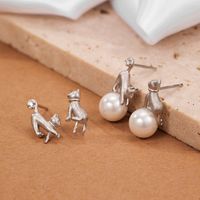1 Pair Elegant Cute Luxurious Cat Polishing Plating Inlay Sterling Silver Artificial Pearls 18K Gold Plated White Gold Plated Ear Studs main image 4
