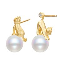 1 Pair Elegant Cute Luxurious Cat Polishing Plating Inlay Sterling Silver Artificial Pearls 18K Gold Plated White Gold Plated Ear Studs sku image 1