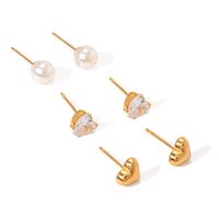 3 Pairs IG Style Simple Style Heart Shape Inlay 304 Stainless Steel Pearl Zircon 18K Gold Plated Ear Studs main image 6
