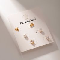 3 Pairs IG Style Simple Style Heart Shape Inlay 304 Stainless Steel Pearl Zircon 18K Gold Plated Ear Studs main image 4