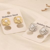 1 Pair Simple Style Solid Color Inlay Stainless Steel Pearl 18K Gold Plated Ear Studs main image 3