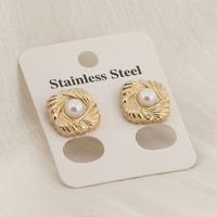 1 Pair Simple Style Solid Color Inlay Stainless Steel Pearl 18K Gold Plated Ear Studs main image 5