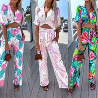 Daily Beach Women's Vacation Plant Flower Polyester Printing Zipper Pants Sets Pants Sets main image 1
