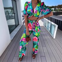 Daily Beach Women's Vacation Plant Flower Polyester Printing Zipper Pants Sets Pants Sets main image 3