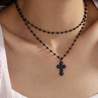 304 Stainless Steel Plastic 18K Gold Plated Black Gun XUPING Punk Simple Style Beaded Inlay Cross Artificial Gemstones Double Layer Necklaces main image 3