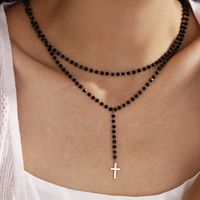 304 Stainless Steel Plastic 18K Gold Plated Black Gun XUPING Punk Simple Style Beaded Inlay Cross Artificial Gemstones Double Layer Necklaces main image 4