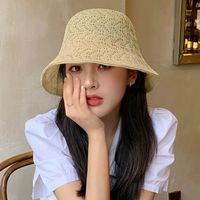 Women's Vacation Simple Style Solid Color Braid Wide Eaves Bucket Hat main image 4