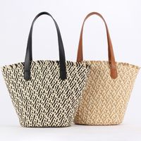 Femmes Grande Paille Géométrique Vacances Seau Fermeture Éclair Sac De Paille main image 6