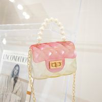 Women's Small PVC Color Block Cute Beading Square Lock Clasp Crossbody Bag Jelly Bag sku image 1