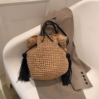 Women's Straw Solid Color Vacation Tassel Bucket String Straw Bag main image 5